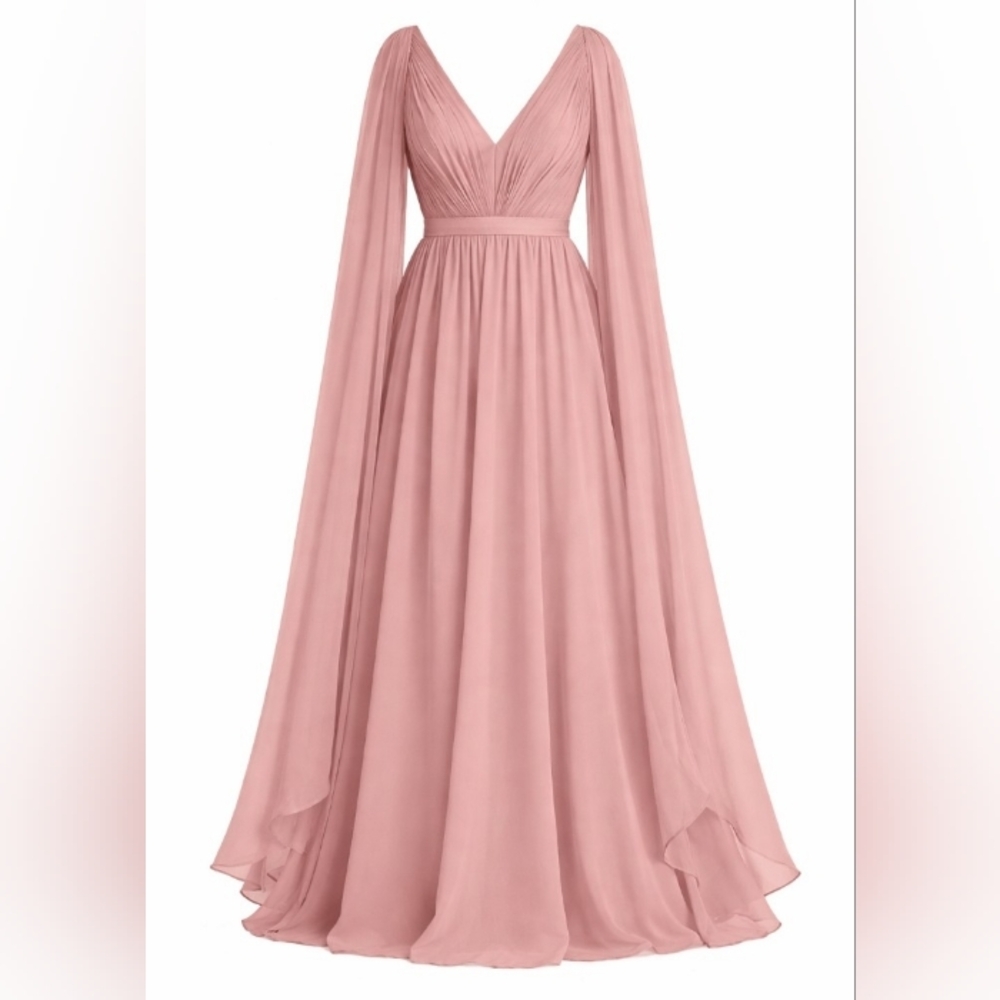 JJ'S House Dusty Rose Chiffon Cape Sleeve Pleated Bodice V Neck Maxi Dress 24W